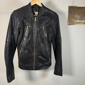 Cache black genuine leather perforated moto jacket‎ gold zippers XS